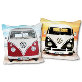 VW Volkswagen Coussin Bulli Beach Rouge - Noir - 40 cm x 40 cm - Coussin douillet réversible - Coussin décoratif - Oreiller de v