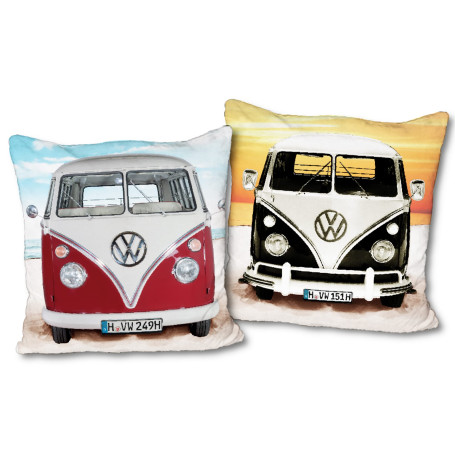 VW Volkswagen Coussin Bulli Beach Rouge - Noir - 40 cm x 40 cm - Coussin douillet réversible - Coussin décoratif - Oreiller de v