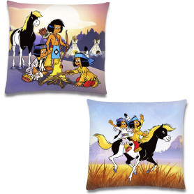 BERONAGE Yakari Coussin feu de camp Bleu/orange 40 cm x 40 cm Petit tonnerre Arc-en-ciel Petit Blaireau Grand Aigle Coussin déco