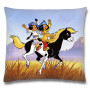 BERONAGE Yakari Coussin feu de camp Bleu/orange 40 cm x 40 cm Petit tonnerre Arc-en-ciel Petit Blaireau Grand Aigle Coussin déco