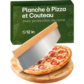 Praknu Planche à Pizza en Bois 30 cm - Couteau à Pizza en Acier Inoxydable - Lame Tranchante - Planche à Découper avec Rainures