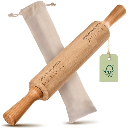 Praknu Rouleau a Patisserie - En Bois de Hêtre Certifié FSC® - Avec Graduation - Poignée Ergonomique - Antiadhésif