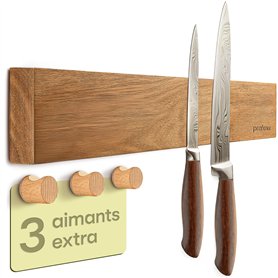 Praknu Porte Couteaux Aimanté Autocollante - 40 cm en Bois d’Acacia – Avec 3 Crochets Magnétiques - Barre Murale pour Jusqu’à 8