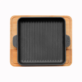 Poêle à griller en fonte 18 cm | Poêle à frire avec dessous de verre | Sauteuse avec planche en bois | Poêle à rôtir pour barbec