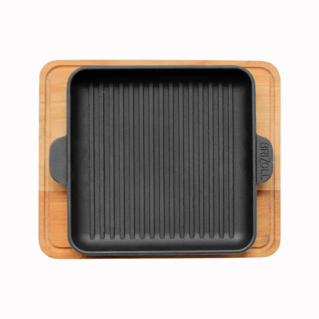 Poêle à griller en fonte 18 cm | Poêle à frire avec dessous de verre | Sauteuse avec planche en bois | Poêle à rôtir pour barbec