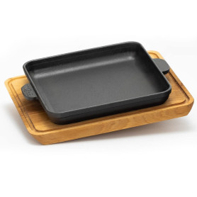 Poêle de service en fonte 18 cm | Poêle à frire avec dessous de verre | Sauteuse avec planche en bois | Poêle à rôtir pour barbe