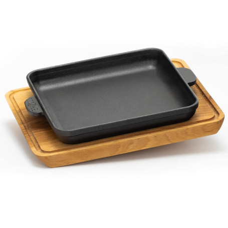 Poêle de service en fonte 18 cm | Poêle à frire avec dessous de verre | Sauteuse avec planche en bois | Poêle à rôtir pour barbe