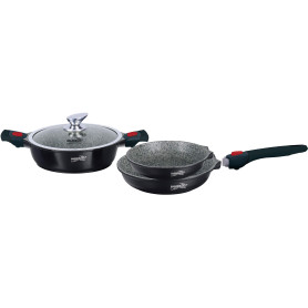 Haussmann Héritage® 4 piéces Batterie de Cuisine 2 poêle 24/28cm+1 sauteuse 28cm avec Couvercle en Verre + 1poignée Amovible/Rev