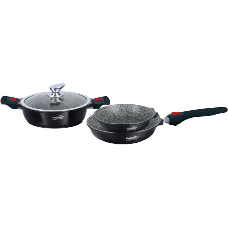 Haussmann Héritage® 4 piéces Batterie de Cuisine 2 poêle 24/28cm+1 sauteuse 28cm avec Couvercle en Verre + 1poignée Amovible/Rev