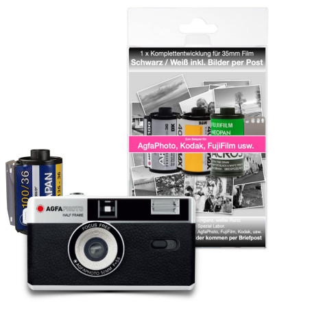 AgfaPhoto analogique 35 mm 1/2 Format Photo Noir en kit avec Film négatif Noir et Blanc + Batterie + négatif + développement d'i