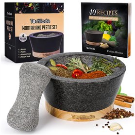Tortillada - XXL Ensemble mortier et pilon de 16 cm en granit naturel avec base en bois anti-rayures Moulin à épices et à herbes