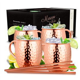 Vezato Verre Moskau Mule [500ml] - Verre en cuivre pour Moskau Mule avec pailles - Verre moscow mule fait main [4 pièces] - Inox