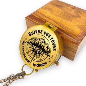 Boussole personnalisée avec gravure et texte au choix - Différents designs - Étui en cuir en laiton - Superbe idée cadeau (aspec