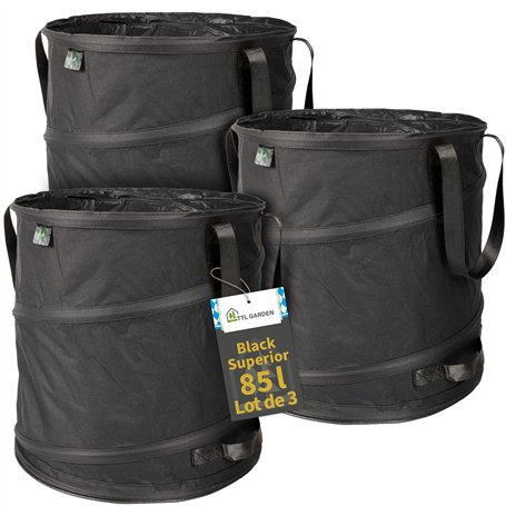 TTL Garden Black Supererior - Lot de 3 sacs de jardin Pop Up - 85 l - Double fond - 260 g/m² - Extra stables - Oxford 600D - 85