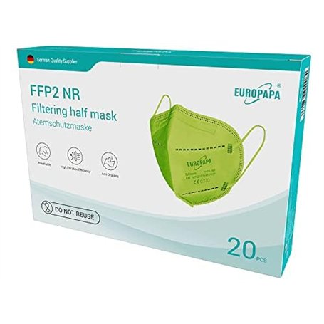 EUROPAPA® 20x FFP2 Masque respiratoire vert Masque anti-poussière 5 couches Hygiénique Emballé individuellement