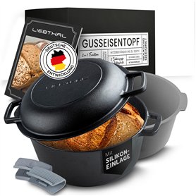 LIEBTHAL Marmite en Fonte pour Cuire du Pain - Robuste Avec Insert en Silicone Antiadhésif - Moule à Pain Déjà Brûlé Avec Couver