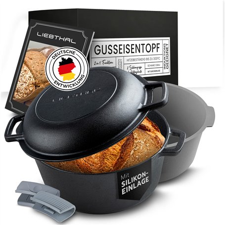 LIEBTHAL Marmite en Fonte pour Cuire du Pain - Robuste Avec Insert en Silicone Antiadhésif - Moule à Pain Déjà Brûlé Avec Couver