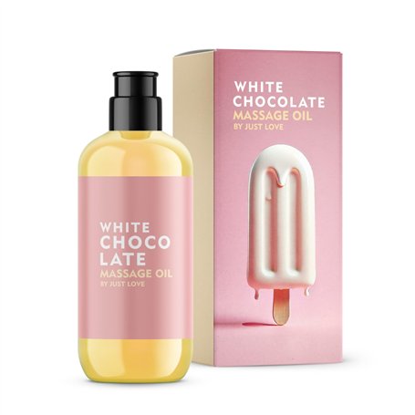 JUST LOVE Huile de Massage sensuelle avec un parfum envoûtant de chocolat blanc – pour des massages intimes en couple et des mom