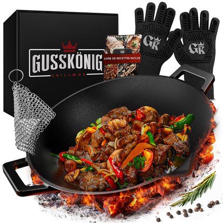 Gusskönig Poêle Wok & Fonte - 36 cm Poêle Wok robuste - wok gaz - Poele Wok Induction - Poele Wok & fonte inclut un nettoyant à