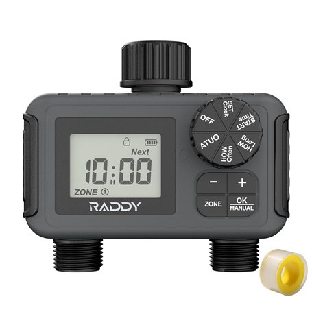 Raddy WS-5 Programmateur d'arrosage à 2 sorties pour tuyau d'arrosage