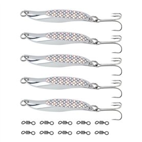 SG Store 5pcs Leurres de Pêche en Mer en Métal Argenté de 65 Mm avec Hameçons Triples Et 10 émerillons pour Bar Maquereau Truite