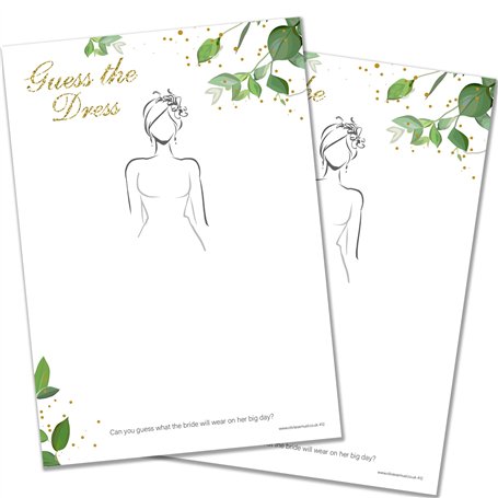 Lot de 20 Guess The Dress – Jeu pour enterrement de vie de jeune fille – Motif botanique – Certificat de gagnant inclus