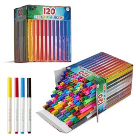 KreativeKraft Feutres Coloriage Enfants Pochette 120 Feutres Coloriage Lavables Pointe Large Couleurs Assorties Coffret