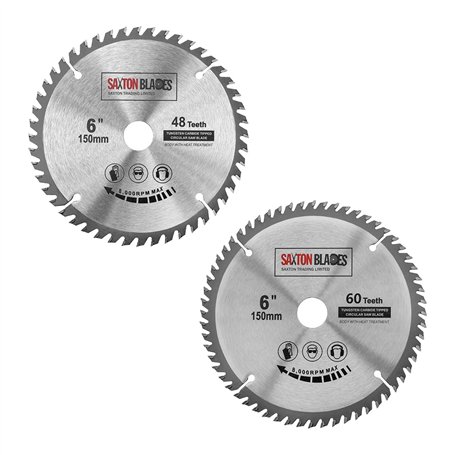 Saxton TCT Lot de 2 lames de scie circulaire 150 mm x 20 mm alésage 48 et 60 dents + anneau de 16 mm et 10 mm Compatible avec Ry