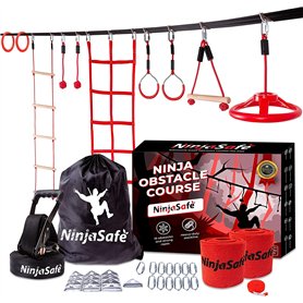 Ninja Parcours d’Obstacles de Jardin pour Enfant - 10 Obstacles durables et 15m Slackline - Équipement de Jeu extérieur pour Fil