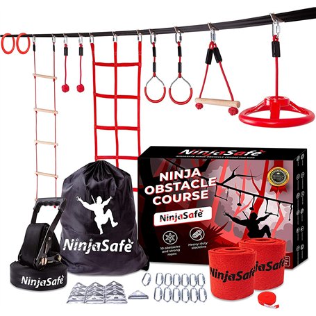 Ninja Parcours d’Obstacles de Jardin pour Enfant - 10 Obstacles durables et 15m Slackline - Équipement de Jeu extérieur pour Fil
