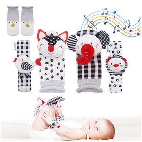 brunoko Chaussettes bébé ensemble de chaussettes hochet et bracelets pour bébé 3 en 1 - Jouets pour bébés de 0 à 12 mois - Chaus