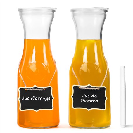Winter Shore Bouteille Verre 1L avec Couvercles [Lot de 2] - Carafe Verre Bouchon en Acrylique avec Étiquettes Ardoise & Marqueu