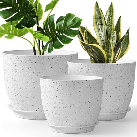 Winter Shore Pots de Fleurs Exterieur & Intérieurs (Lot de 3) - Pot de Fleur Blanc Moucheté Durables avec Trous de Drainage & So