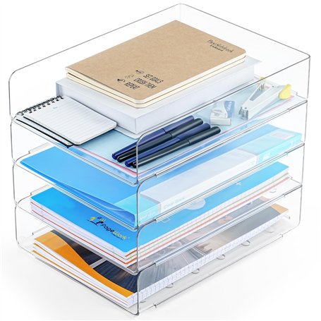 Winter Shore Bannettes Rangement Bureau Transparentes (Lot de 4) - Corbeille a Courrier Empilable en Pet pour Bureau - Bac a Cou