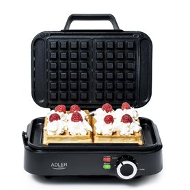 ADLER EUROPE Mini Gaufrier 2000W – Gaufrier Compact avec Revêtement Antiadhésif – Température Réglable – Gauffre Prépare 2 Grand