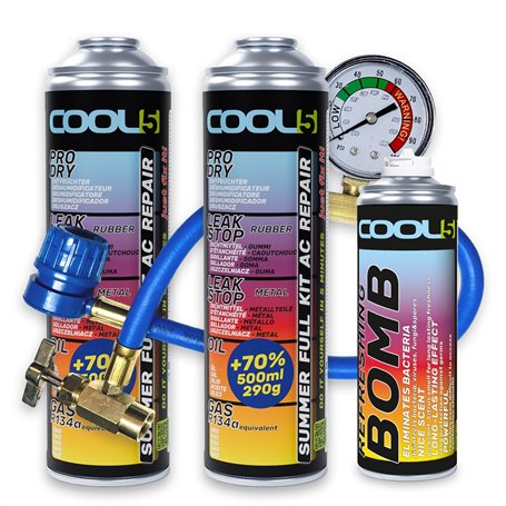 Cool5 Lot de 2 Kits de réparation de climatisation d'été Complet AC 5 en 1 (substitut du R134a) gaz de Rechange avec Tuyau de Me