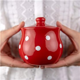 City to Cottage | Sucrier Pot de sucre | rouge à pois blancs en céramique avec couvercle fait et peint à la main