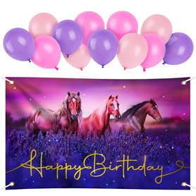 BETESSIN Décoration Anniversaire Cheval 180×110cm Toile de Fond Anniversaire Cheval Équitation et 12Pcs Ballons Anniversaire Ros