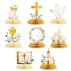 Lot de 8 Décoration Table Baptême Centres de Table Communion en Nid d'Abeille Décoration Baptême Communion Confirmation