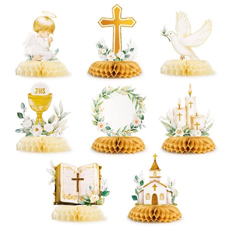 Lot de 8 Décoration Table Baptême Centres de Table Communion en Nid d'Abeille Décoration Baptême Communion Confirmation