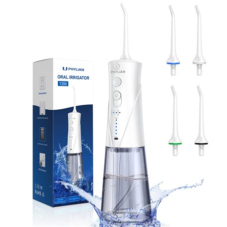 Hydropulseur buccal rechargeable - Nettoyeur dentaire électrique portable de 250 ml - 3 modes et 4 buses de rechange - Hydropuls