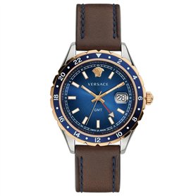 Montre Versace Hellenyium GMT pour Homme en Cuir Marron Cadran Bleu 42 mm V11080017