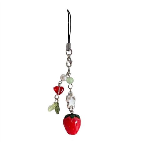 AIRHSKWI Pendentif en forme de fraise - Perles colorées - Porte-clés détachable pour téléphone portable - Décoration de sac - Bi