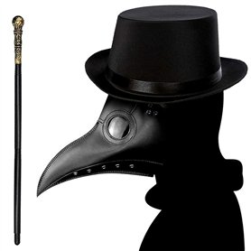 Lifreer Masque de médecin de la peste à long bec d'oiseau Steampunk Chapeau haut-de-forme Canne à main Accessoires de costume d'