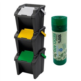 Tontarelli - Set de 3 poubelles empilables MODA de 30 l + rouleau de 20 sacs poubelle à fermeture automatique 30 l