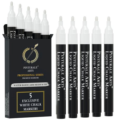 Pinturale Arts Set 5 Feutre Blanc Effacable Pour Tableau Noir | Pointe 2mm | Feutre Craie Effacable Tableau Noir | Stylo Craie B