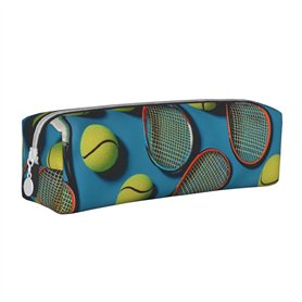 JCVOTREL Trousse à crayons amusante avec motif raquettes de tennis et balles de tennis – Trousse en cuir avec fermeture éclair p