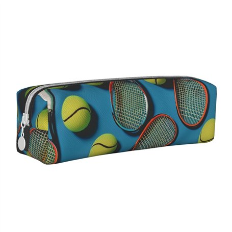 JCVOTREL Trousse à crayons amusante avec motif raquettes de tennis et balles de tennis – Trousse en cuir avec fermeture éclair p