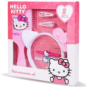 Hello Kitty - Ensemble Accesoires Cheveux - 8 Pièces - Brosse à Cheveux - Serre-tête - Pinces - Elastiques - Coffret Cadeau Acce