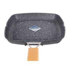 Zilan Poêle à griller 24 cm Base à induction Antiadhésive Poêle grill en bois Poignée pliable en aluminium pour plaques de cuiss